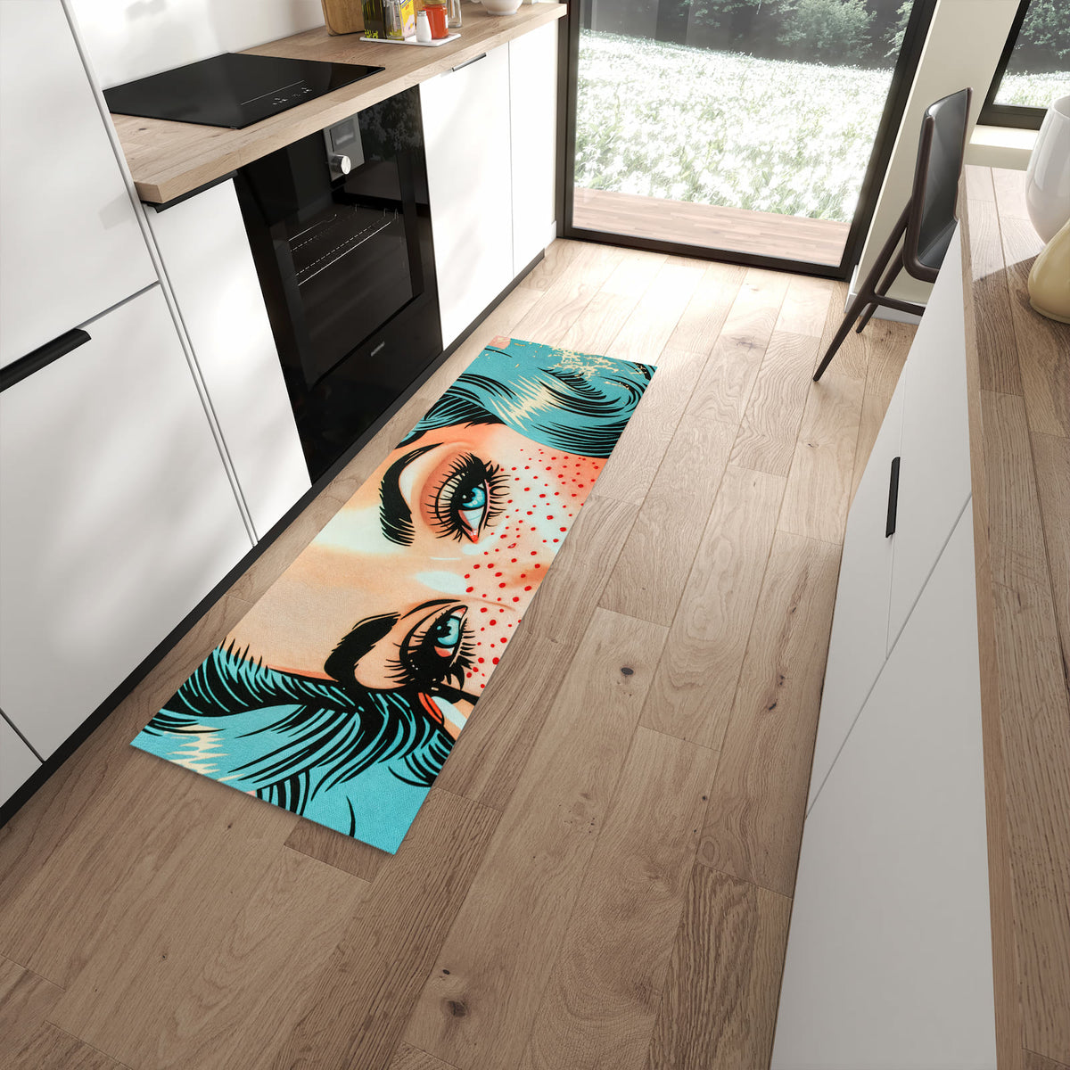 UV-beständiger Küchenteppich mit Motiv Pop Art Porträt in moderner Küche