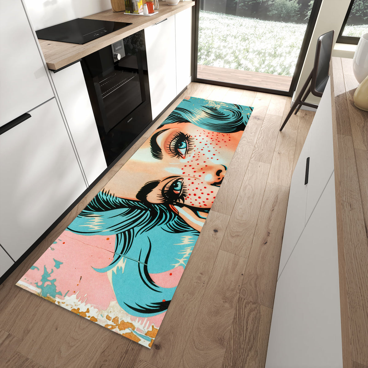 Langlebiger Küchenteppich mit Motiv Pop Art Porträt in moderner Küche