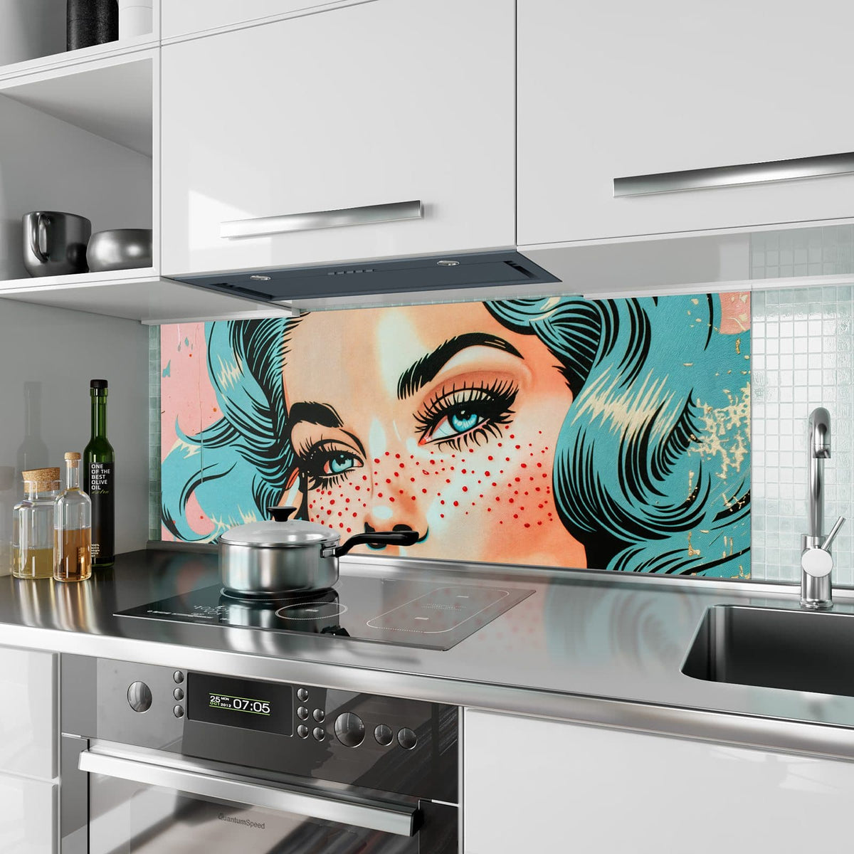 Küchenrückwand aus Glas Frau mit Sommersprossen im Hochformat als Spritzschutz hinter dem Kochfeld, über dem Fliesenspiegel montiert