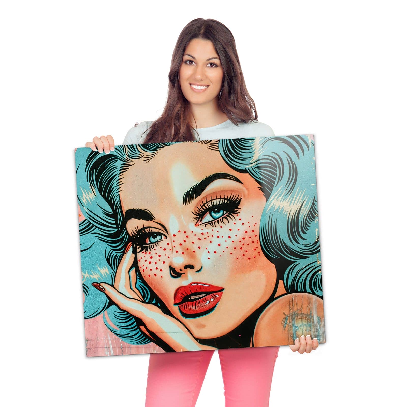 Ceranfeld Abdeckung mit Pop Art Porträt-Motiv wird zur Größendarstellung gehalten