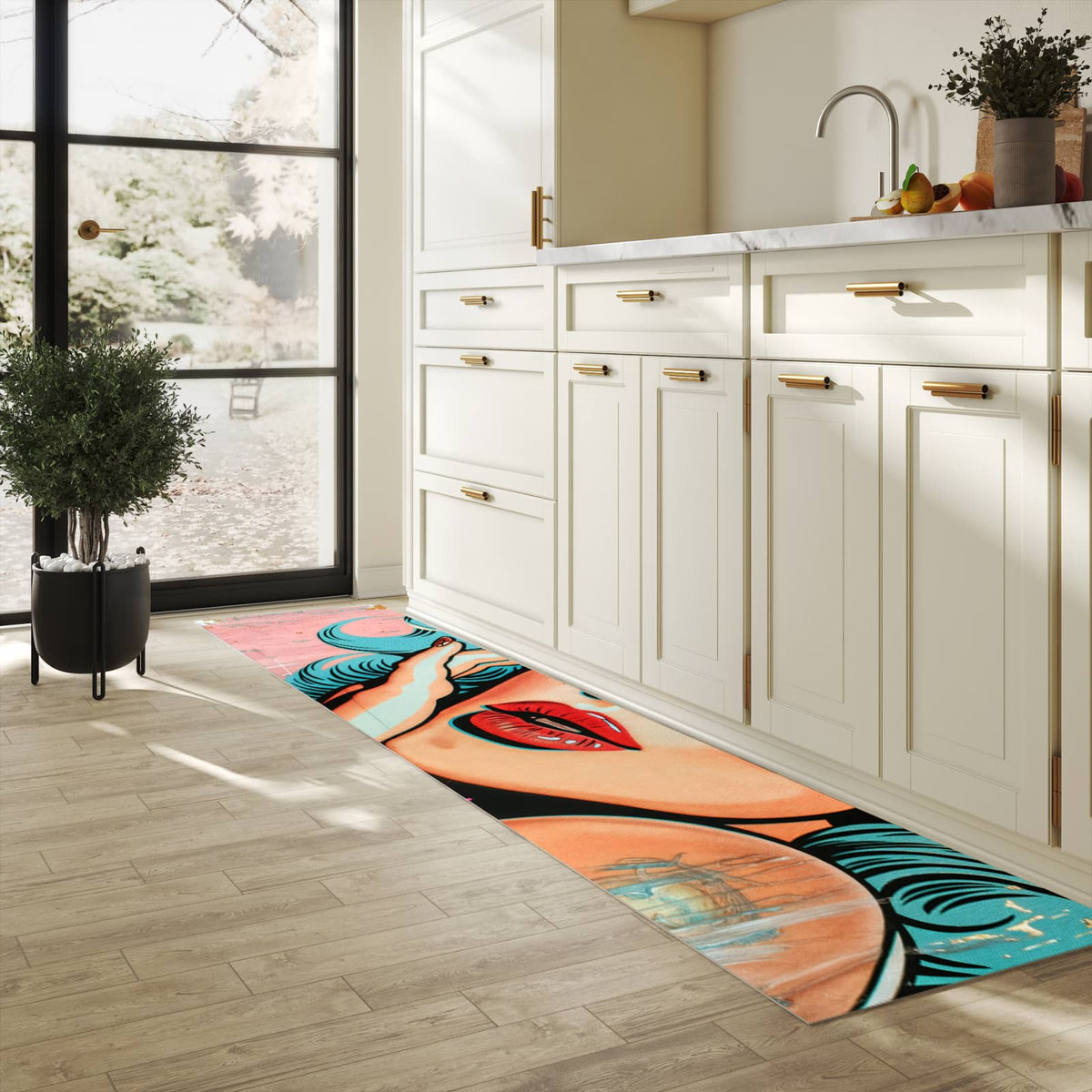 Strapazierfähiger Küchenteppich mit Motiv Pop Art Porträt in heller Küche