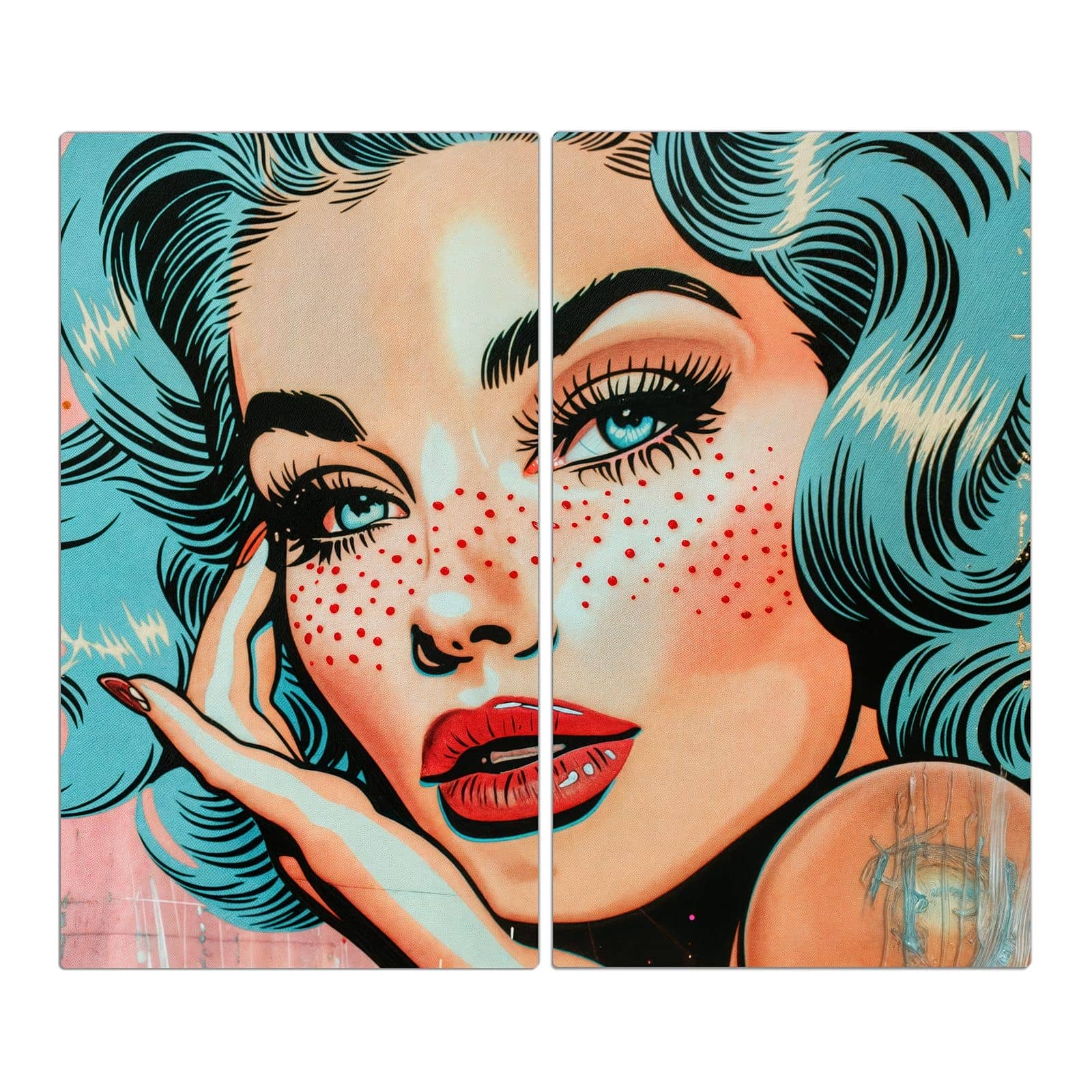 2-teilige Herdabdeckplatte aus Glas mit Pop Art Porträt-Motiv in der Frontansicht #grösse_2-Teilig (60x52cm)