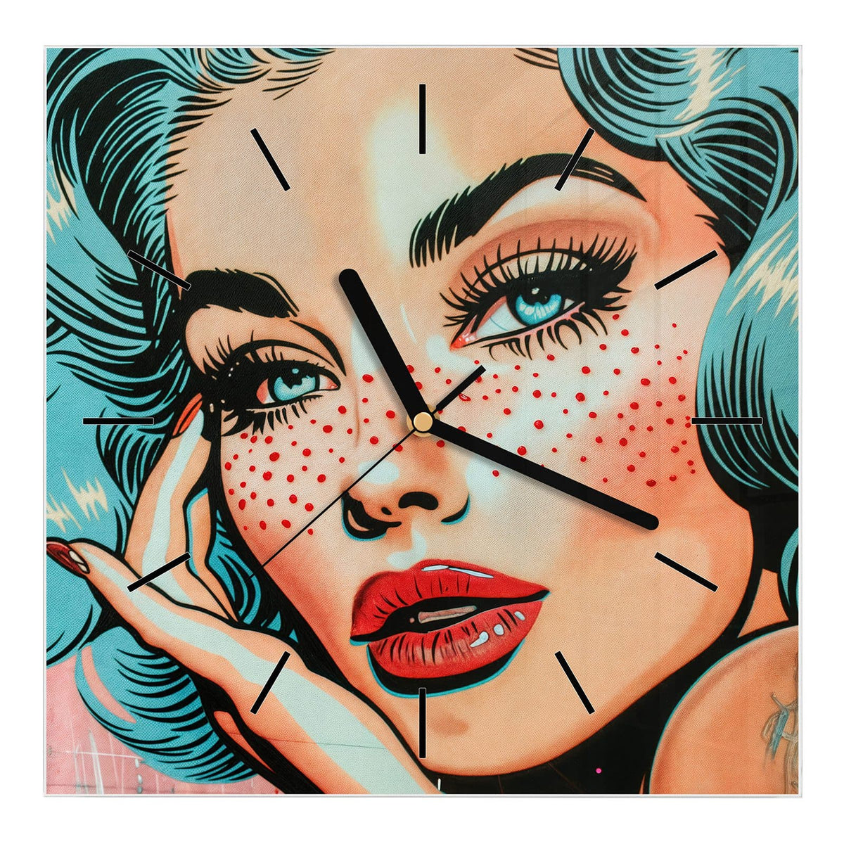 Wanduhr aus Glas, Ziffernblatt Linie: Pop-Art-Frauengesicht mit türkisem Haar, roten Lippen und roten Sommersprossen