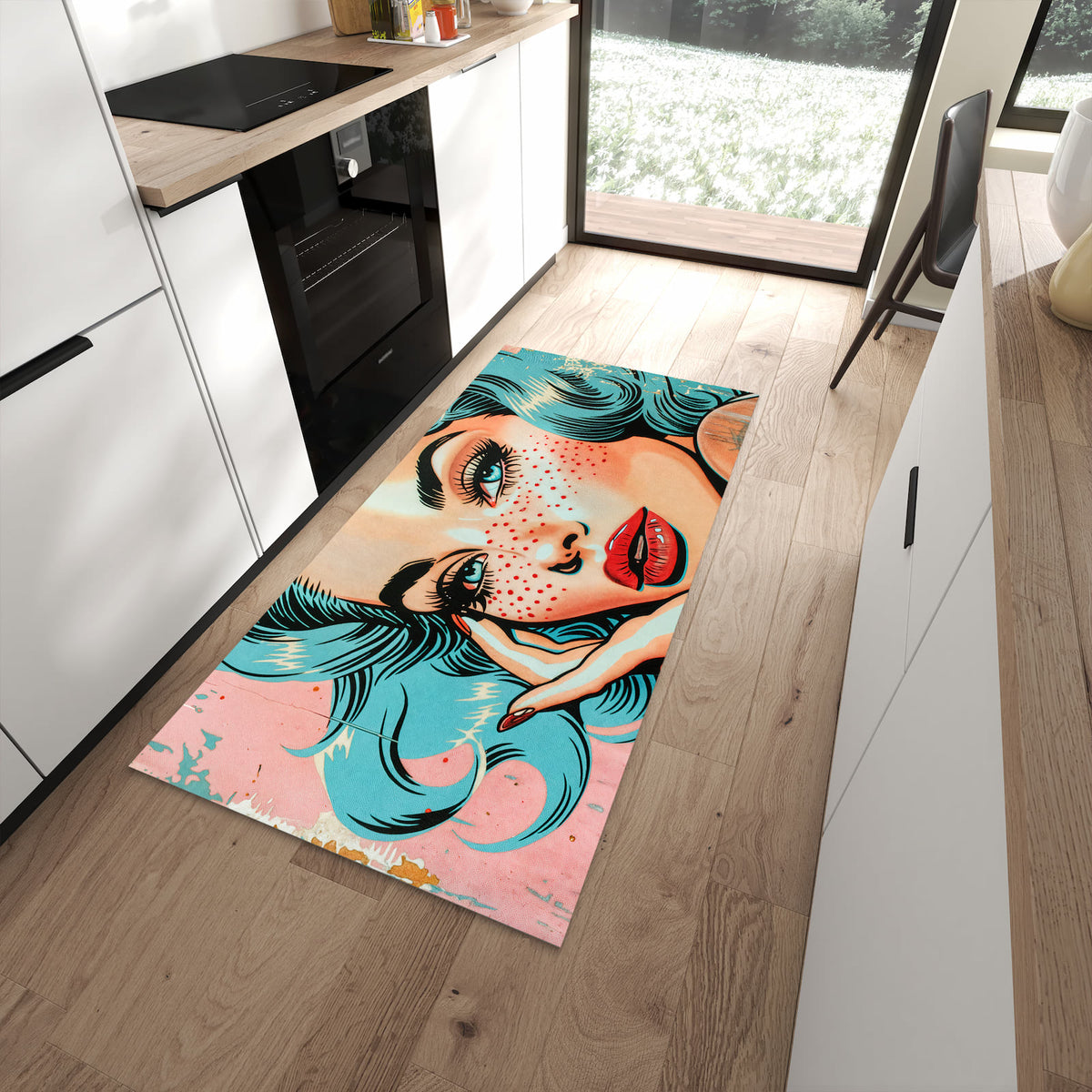 Komfortabler Küchenläufer mit Motiv Pop Art Porträt in moderner Küche