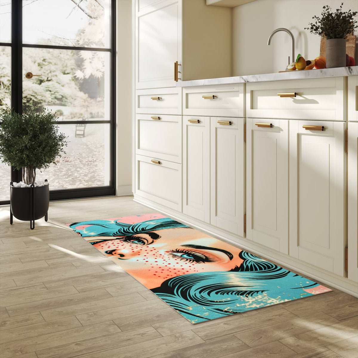Langlebiger Küchenteppich mit Motiv Pop Art Porträt in heller Küche