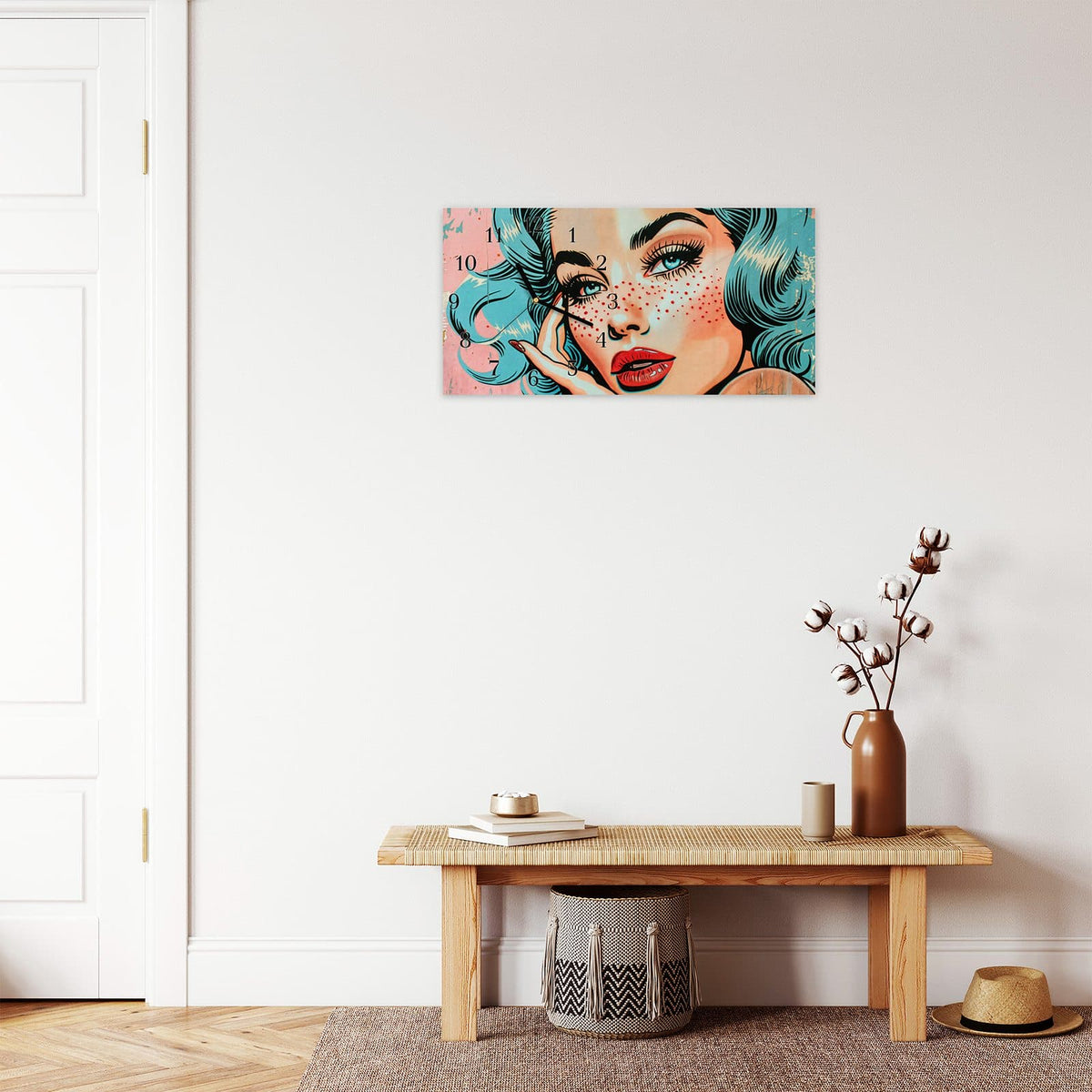 Moderne Wanduhr aus Glas mit Farbtiefe – Wanduhr Pop Art Porträt aus Glas – Querformat 60 × 30 cm