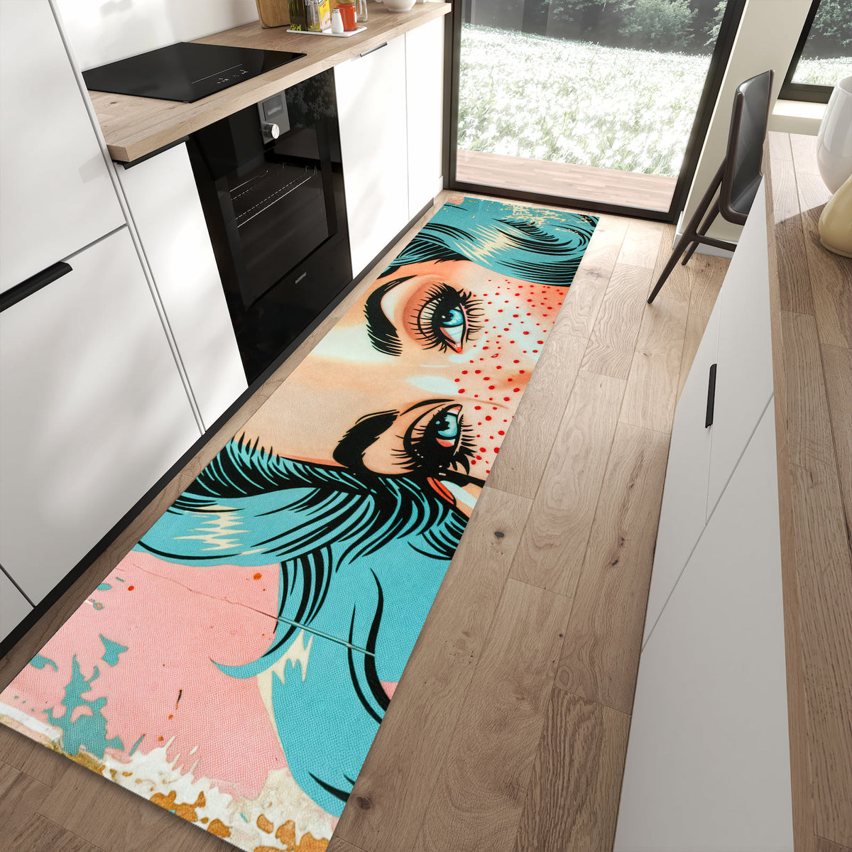 Pflegeleichter Läufer für die Küche mit Motiv Pop Art Porträt in moderner Küche