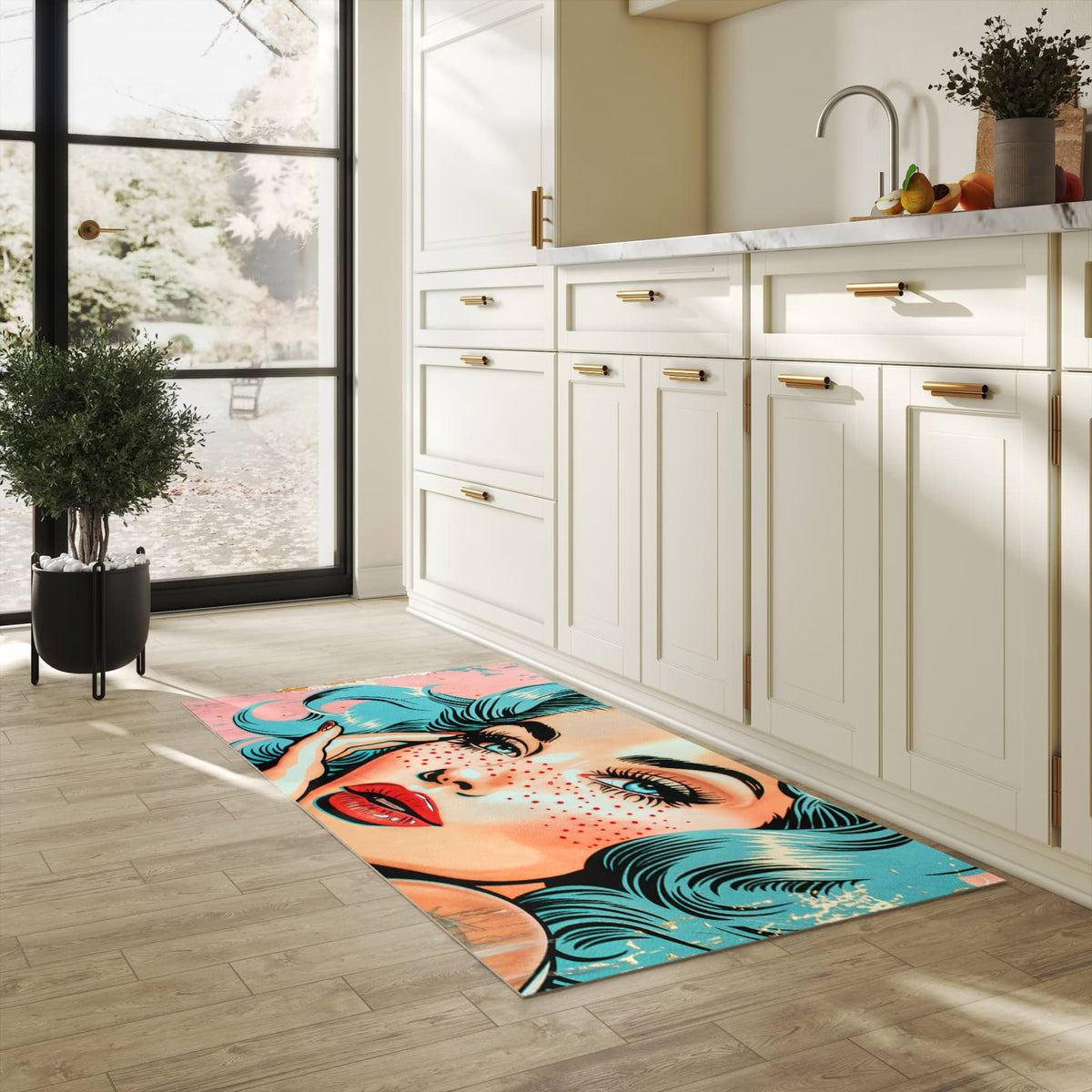 Küchenteppich mit Motiv Pop Art Porträt für Ordnung & Übersicht in heller Küche