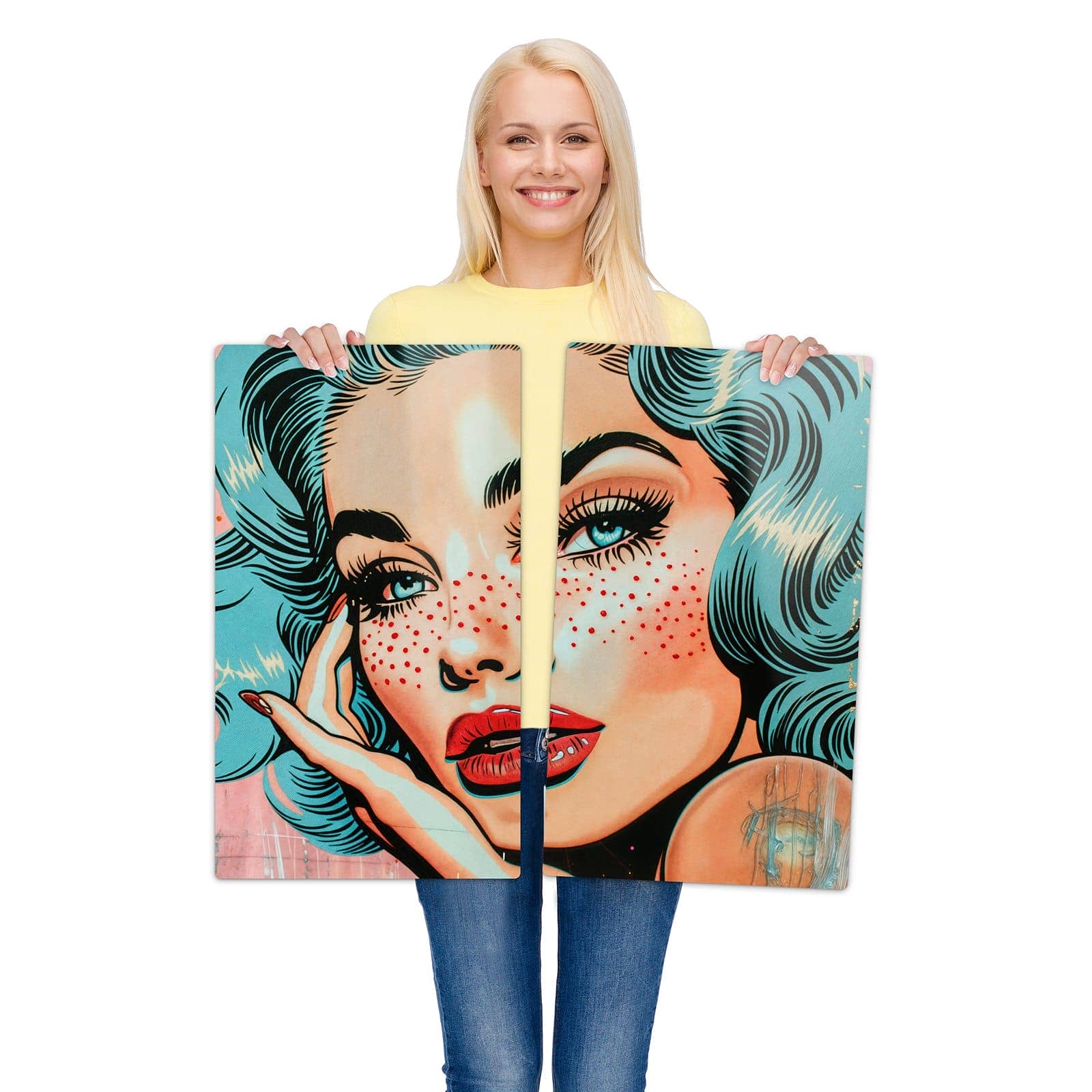 2-teilige Herdabdeckplatte mit Pop Art Porträt-Motiv wird zur Größendarstellung gehalten