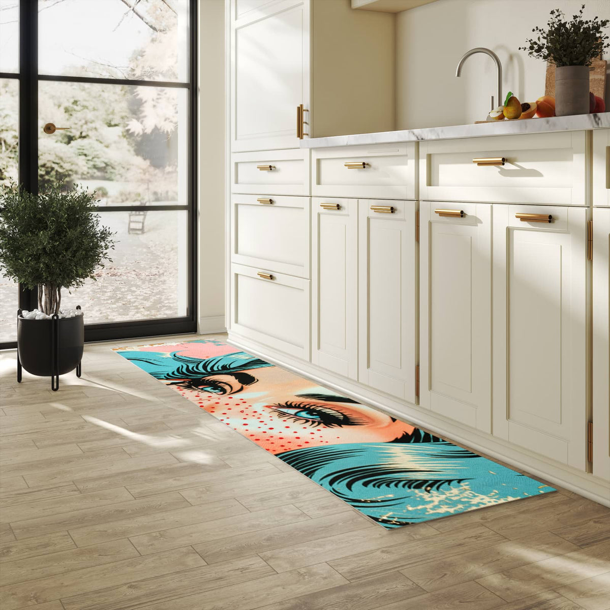 Hygienischer Küchenteppich mit Motiv Pop Art Porträt in heller Küche - abwaschbar