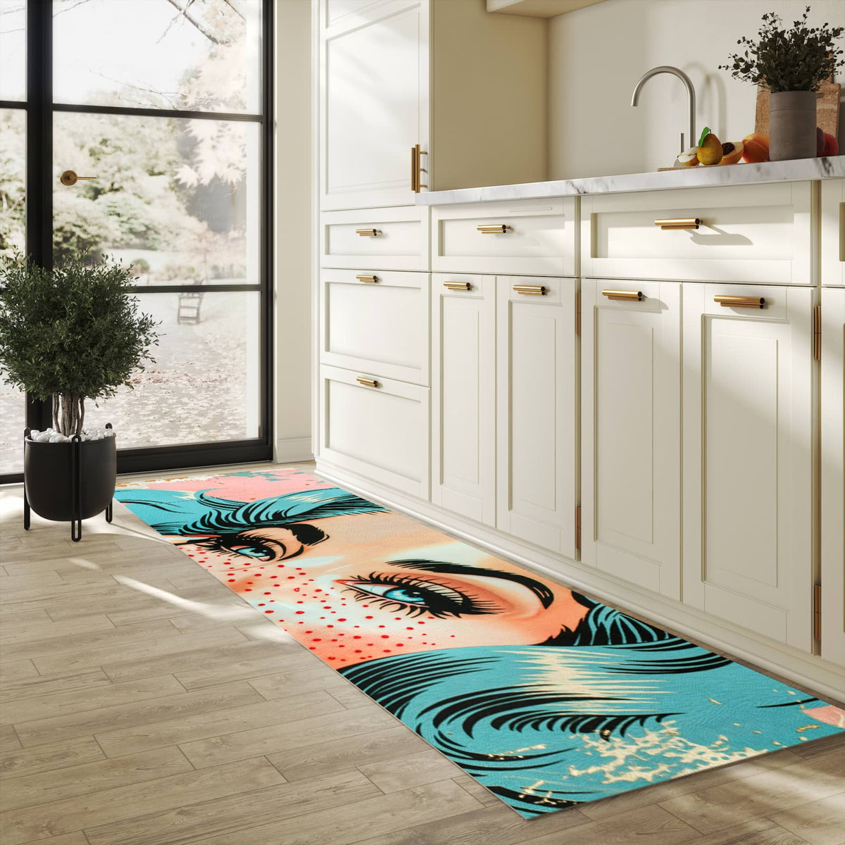 Bodenschonender Küchenteppich mit Motiv Pop Art Porträt in heller Küche