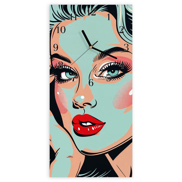 Wanduhr Comic Porträt Kunst aus Glas – Hochformat 30 × 60 cm mit Ziffernblatt Klassisch