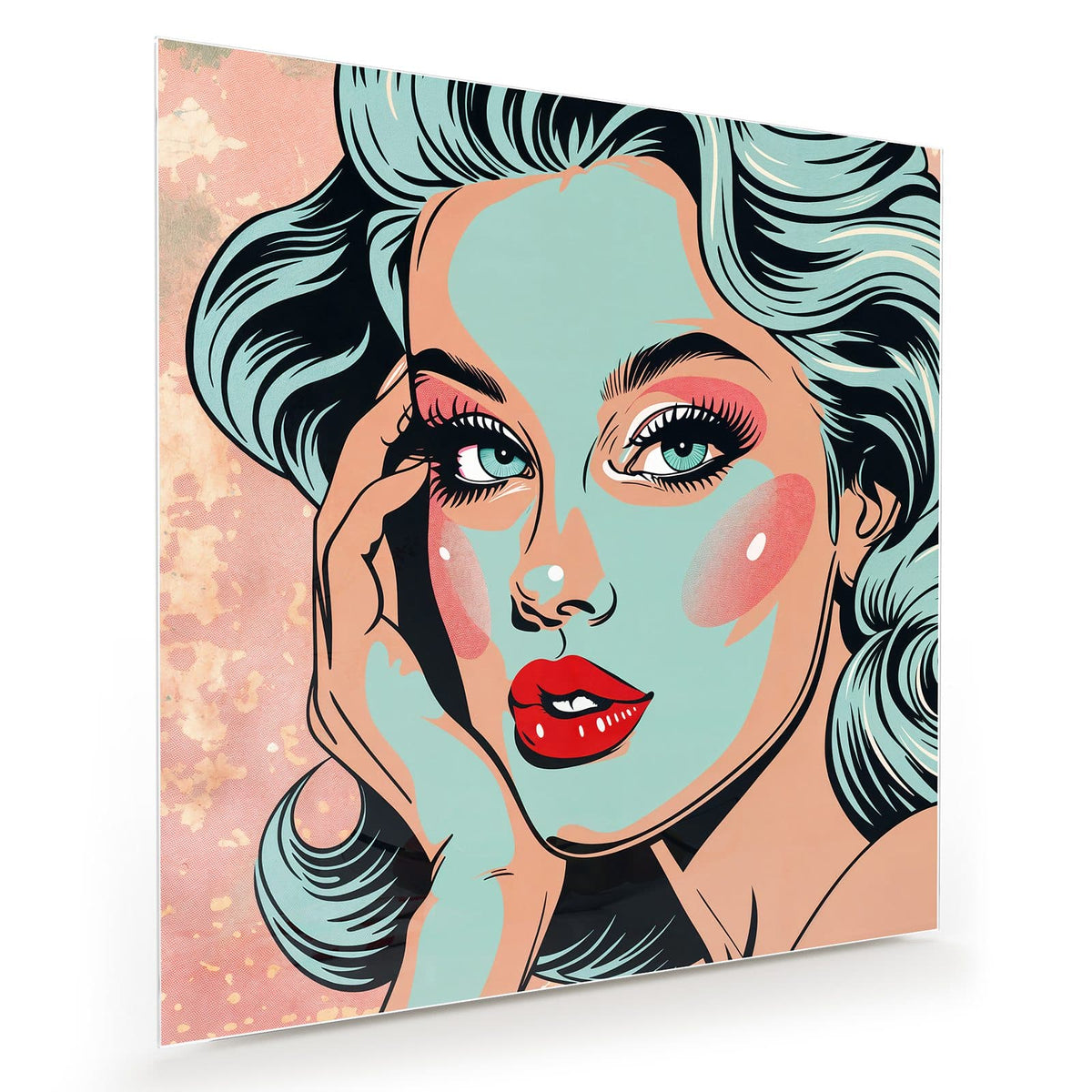 Pop-Art-Frau mit mintgrüner Haut und Haaren, roten Lippen, auf rosa Grund