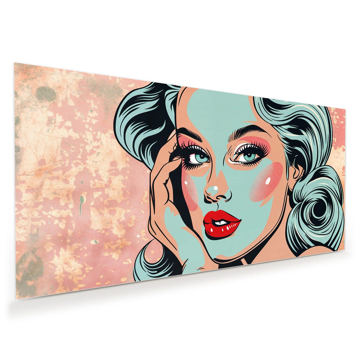 Pop-Art-Frau mit mintgrüner Haut und Haaren, roten Lippen, auf rosa Grund