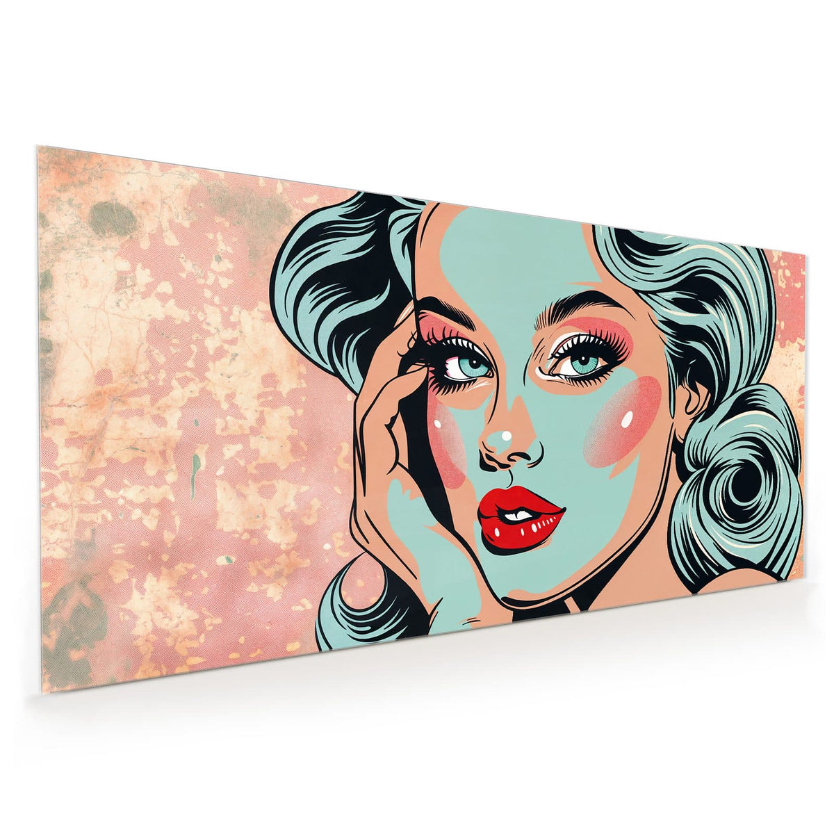 Küchenrückwand aus Glas im Hochformat mit Motiv Comic Porträt in Mint: Pop-Art-Frau mit mintgrüner Haut und Haaren, roten Lippen, auf rosa Grund