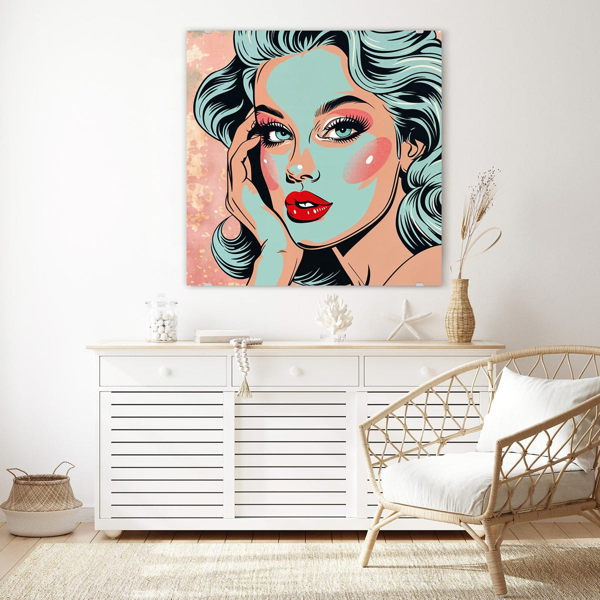 Glasbild Comic Porträt in Mint an der Wand – Pop-Art-Frau mit mintgrüner Haut und Haaren, roten Lippen, auf rosa Grund