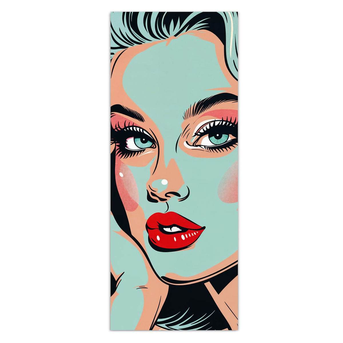 Pop-Art-Frau mit mintgrüner Haut und Haaren, roten Lippen, auf rosa Grund