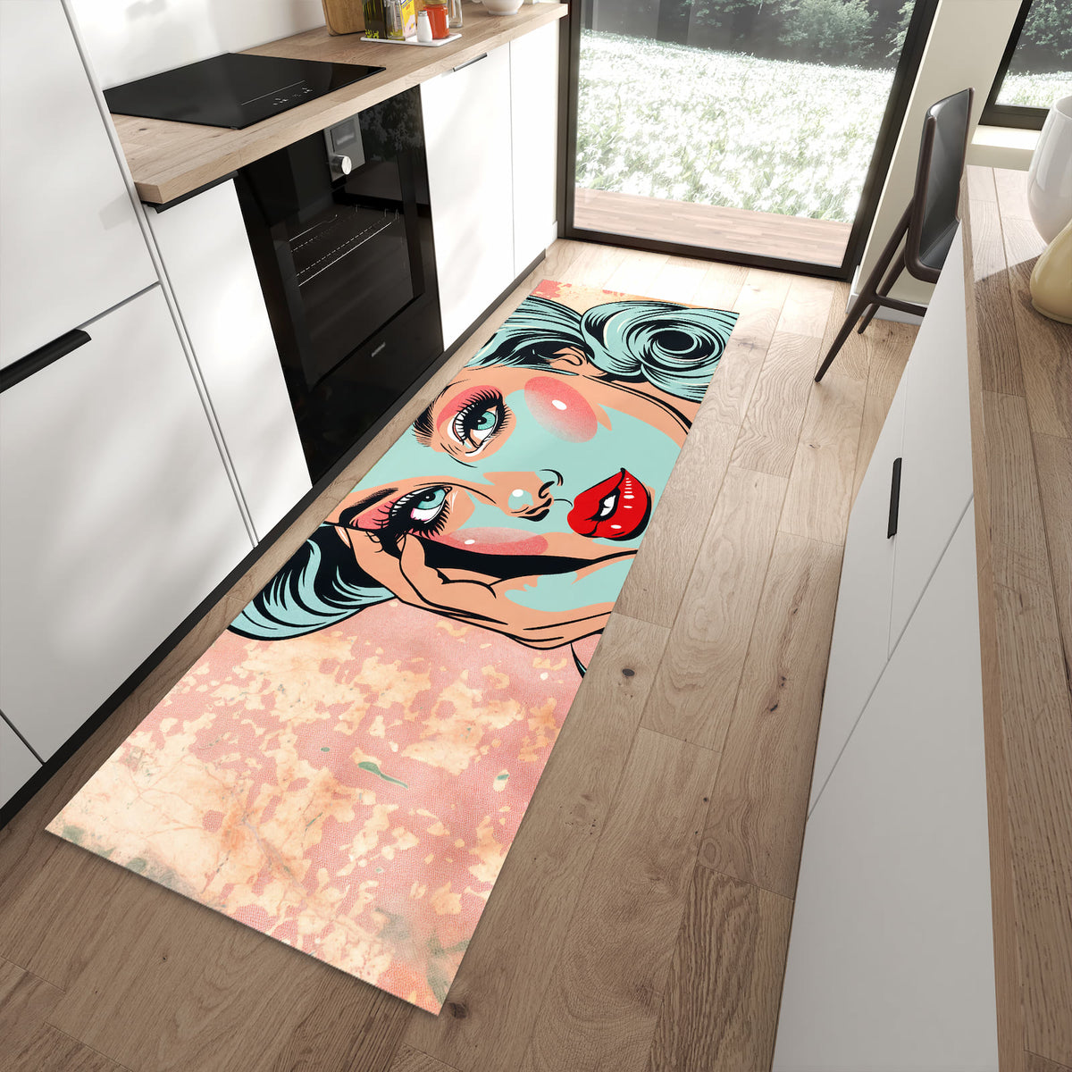 Bodenschonender rutschfester Küchenläufer mit Motiv Comic Porträt Kunst in moderner Küche