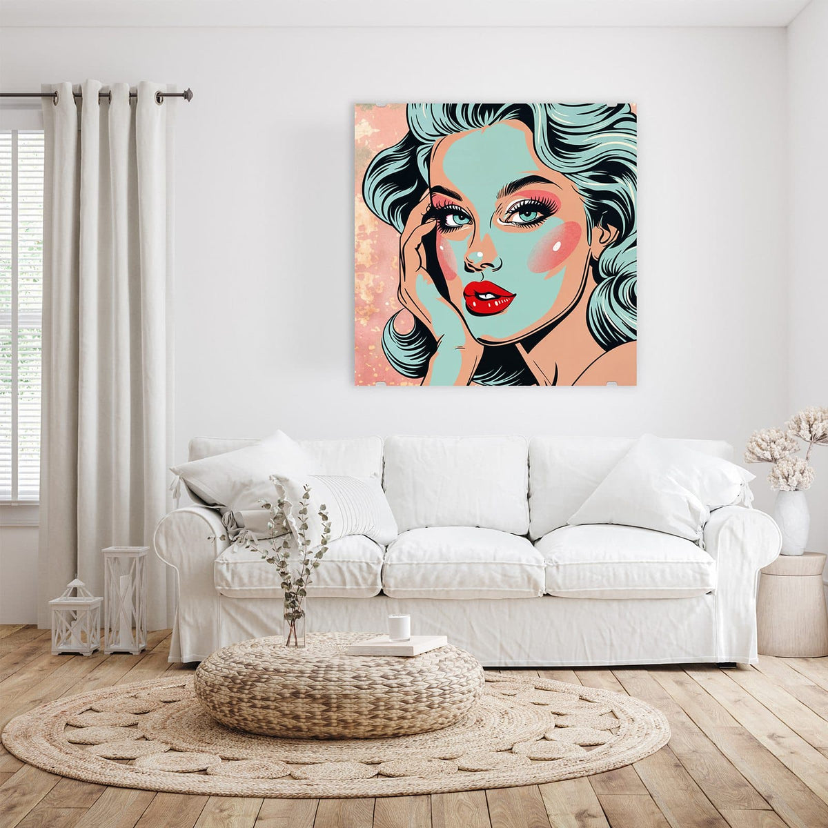 Glasbild Comic Porträt in Mint an der Wand – Pop-Art-Frau mit mintgrüner Haut und Haaren, roten Lippen, auf rosa Grund