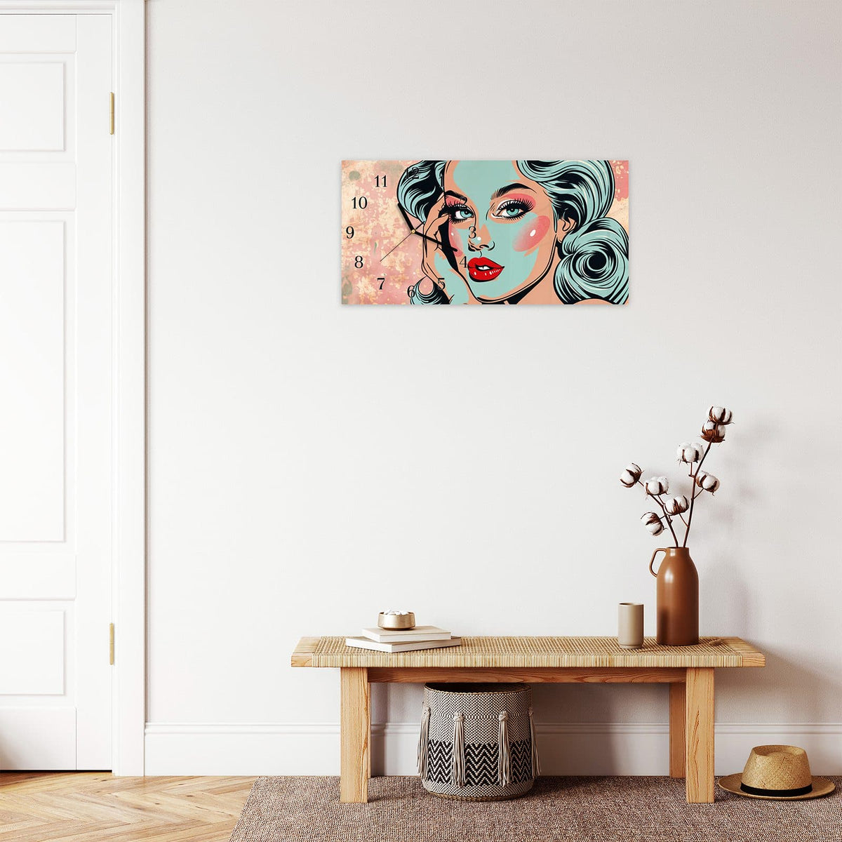Moderne Wanduhr aus Glas mit Farbtiefe – Wanduhr Comic Porträt Kunst aus Glas – Querformat 60 × 30 cm