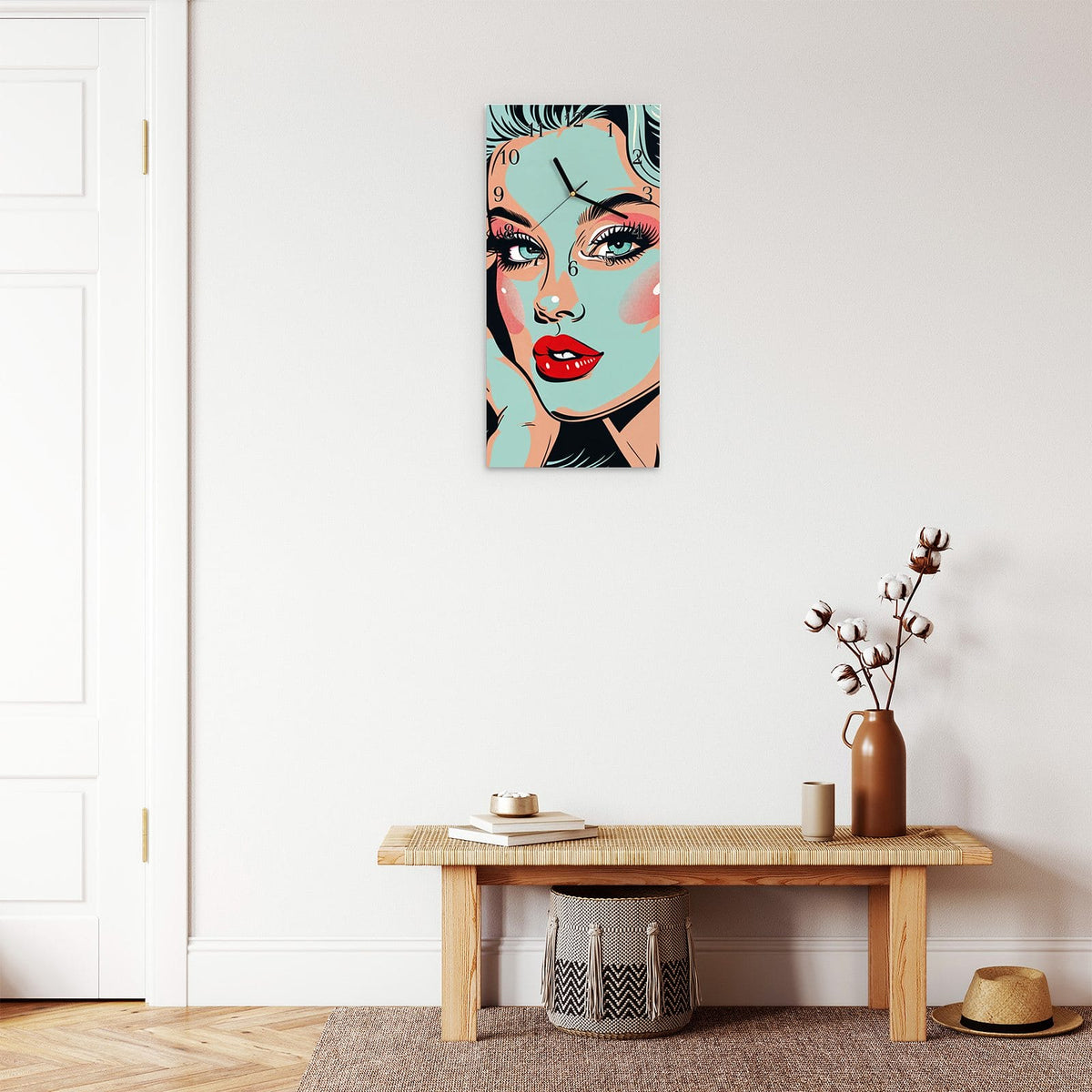 Moderne Wanduhr aus Glas mit Farbtiefe – Wanduhr Comic Porträt Kunst aus Glas – Hochformat 30 × 60 cm