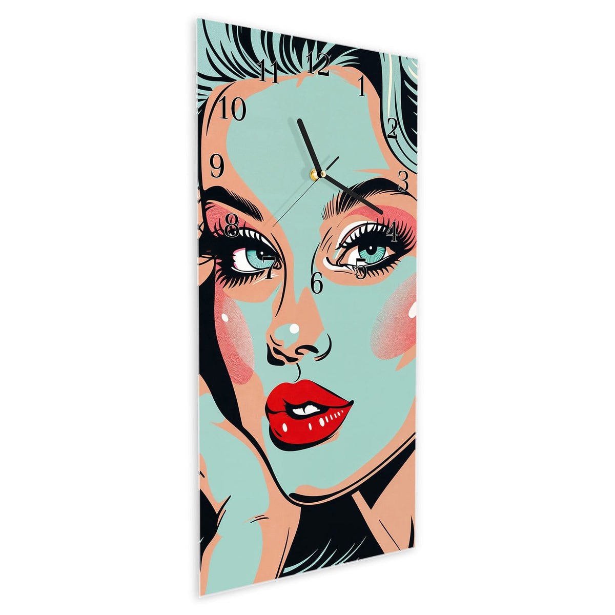 Vormontiert – mit Schwebeeffekt – Wanduhr Comic Porträt Kunst aus Glas – Hochformat 30 × 60 cm