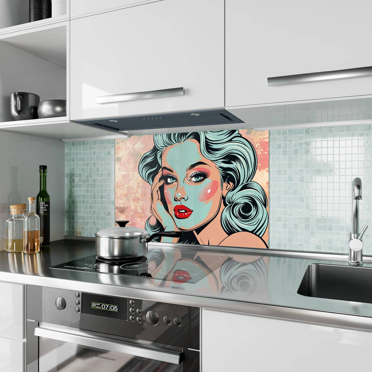 Küchenrückwand aus Glas Comic Porträt in Mint im Hochformat als Spritzschutz hinter dem Kochfeld, über dem Fliesenspiegel montiert