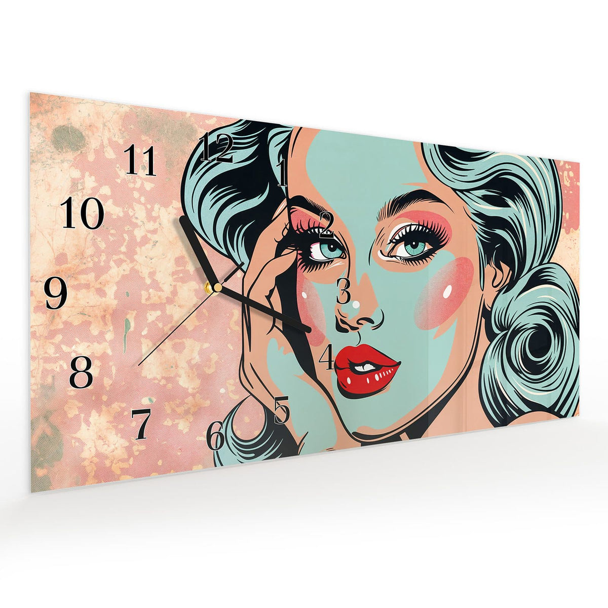 Vormontiert – mit Schwebeeffekt – Wanduhr Comic Porträt Kunst aus Glas – Querformat 60 × 30 cm