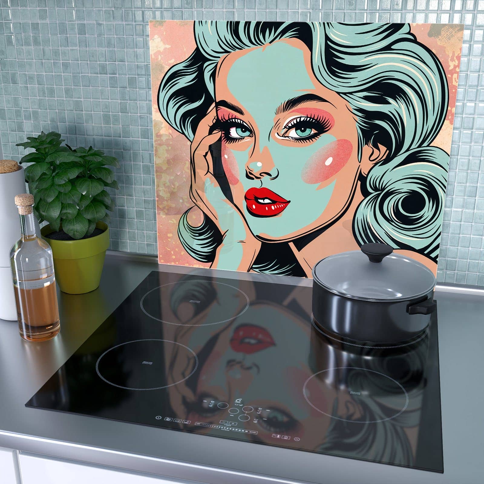 1-teilige Herdabdeckung aus Glas mit Comic Porträt Kunst-Motiv als Spritzschutz hinter dem Kochfeld