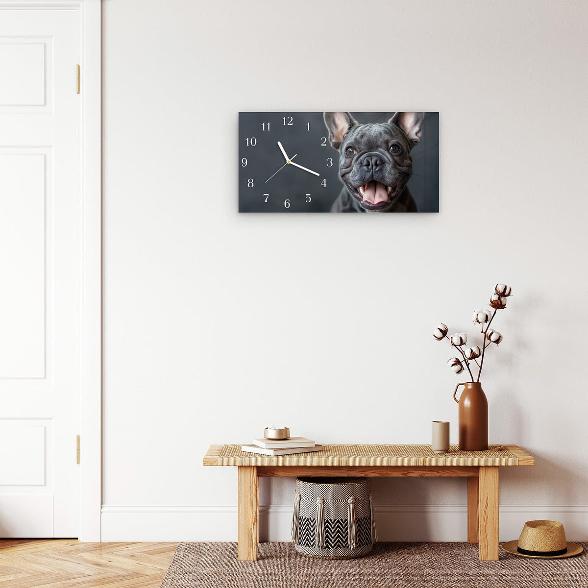 Moderne Wanduhr aus Glas mit Farbtiefe – Wanduhr Lachender Hund aus Glas – Querformat 60 × 30 cm