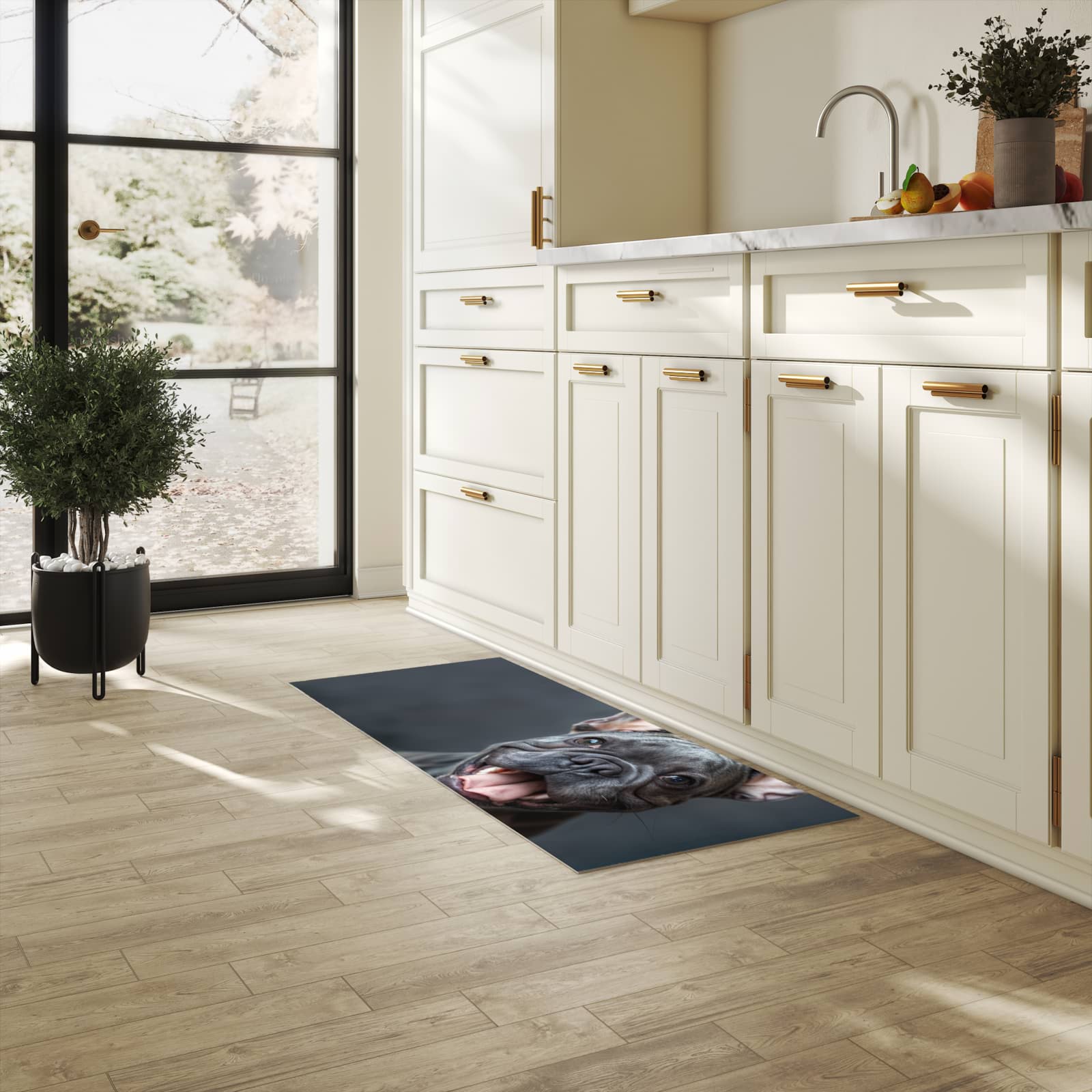 Wasserabweisender Küchenläufer mit Motiv Lachender Hund in heller Küche