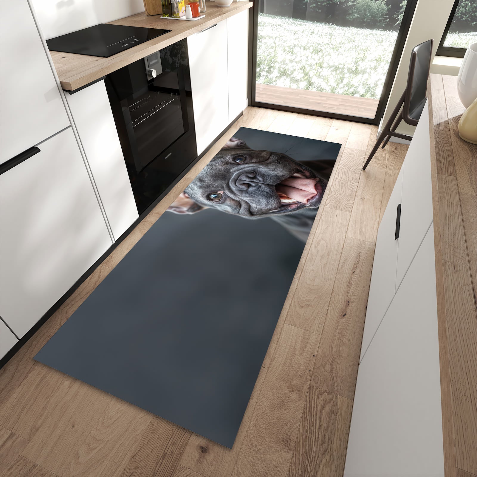 Geruchsneutraler Teppich in Küche mit Motiv Lachender Hund in moderner Küche
