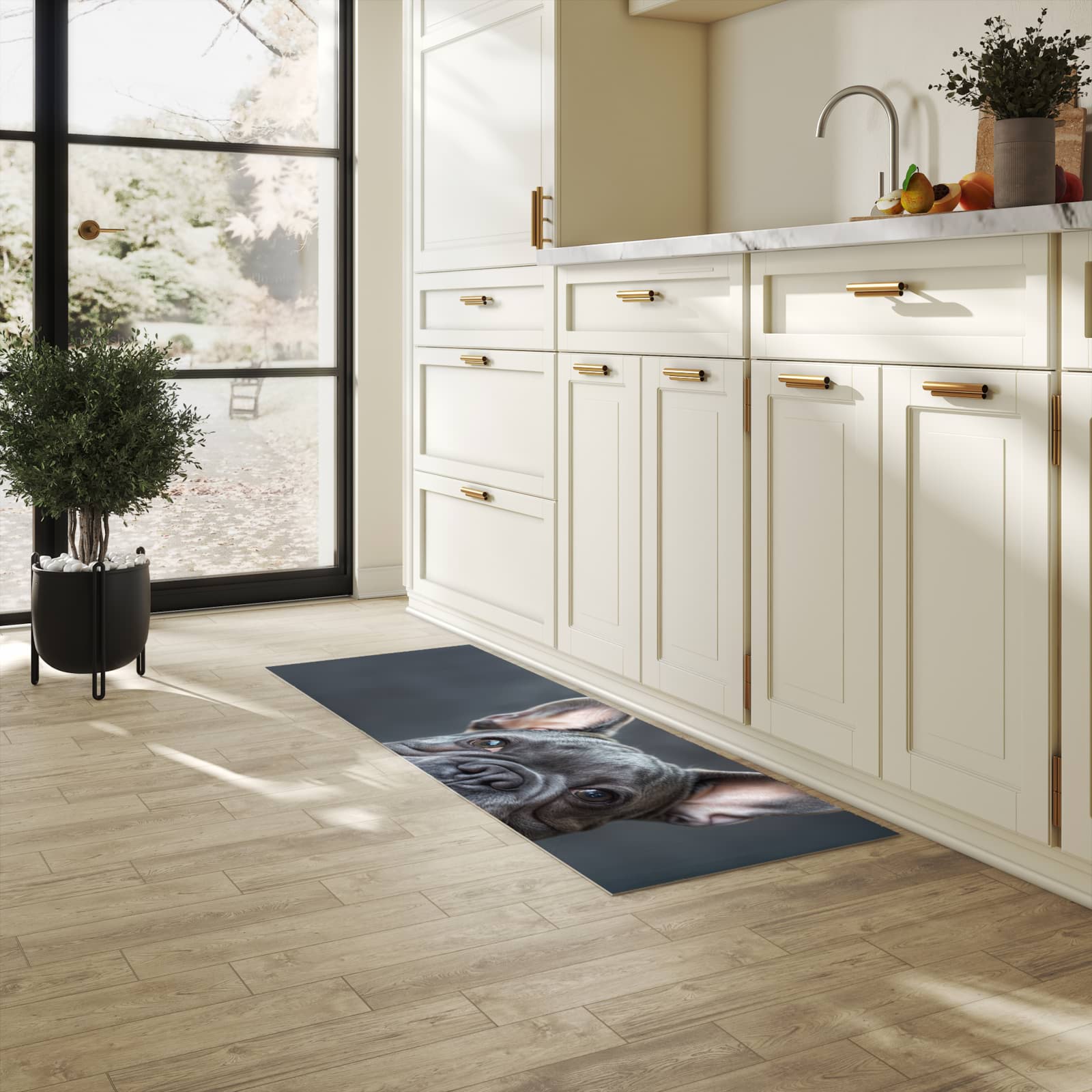 Fleckenresistenter langer Teppich mit Motiv Lachender Hund in heller Küche