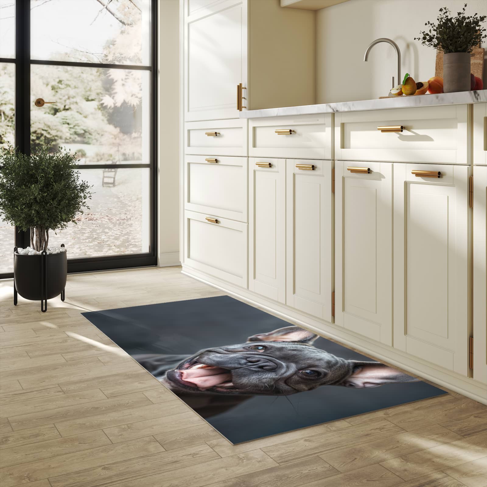 Bodenläufer mit Motiv Lachender Hund für angenehme Haptik in heller Küche