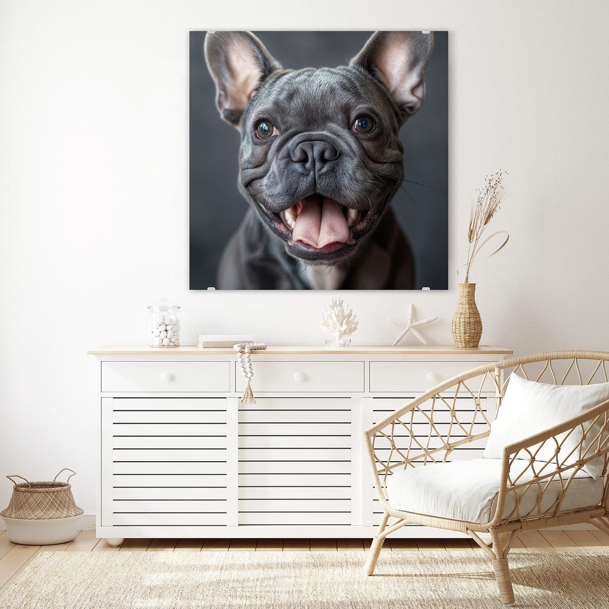 Echtglas, 4 mm – kein Acryl, keine Folie – Wandbild - Lachender Hund - Quadratisch