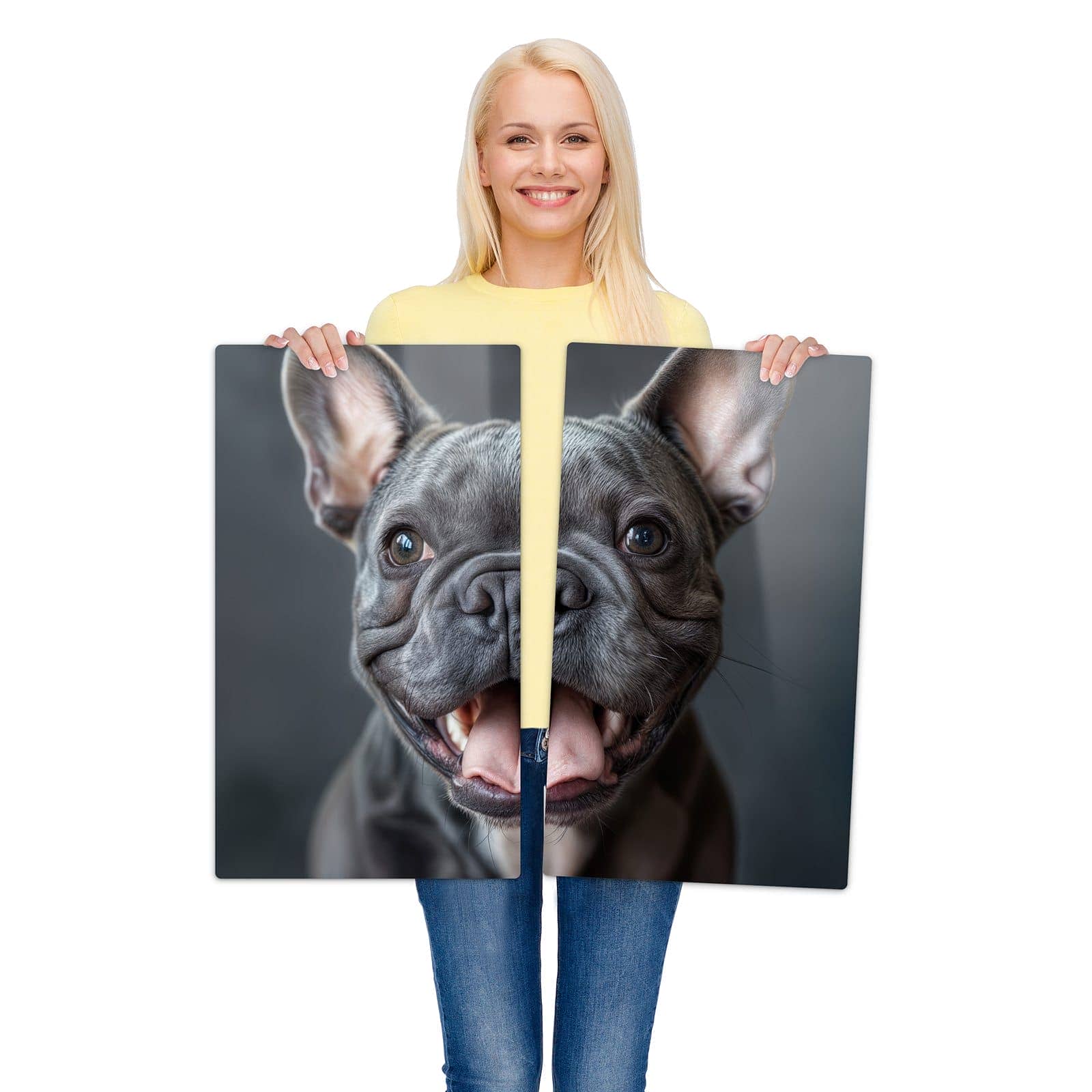 2-teilige Abdeckplatte für Induktionsherd mit Lachender Hund-Motiv wird zur Größendarstellung gehalten