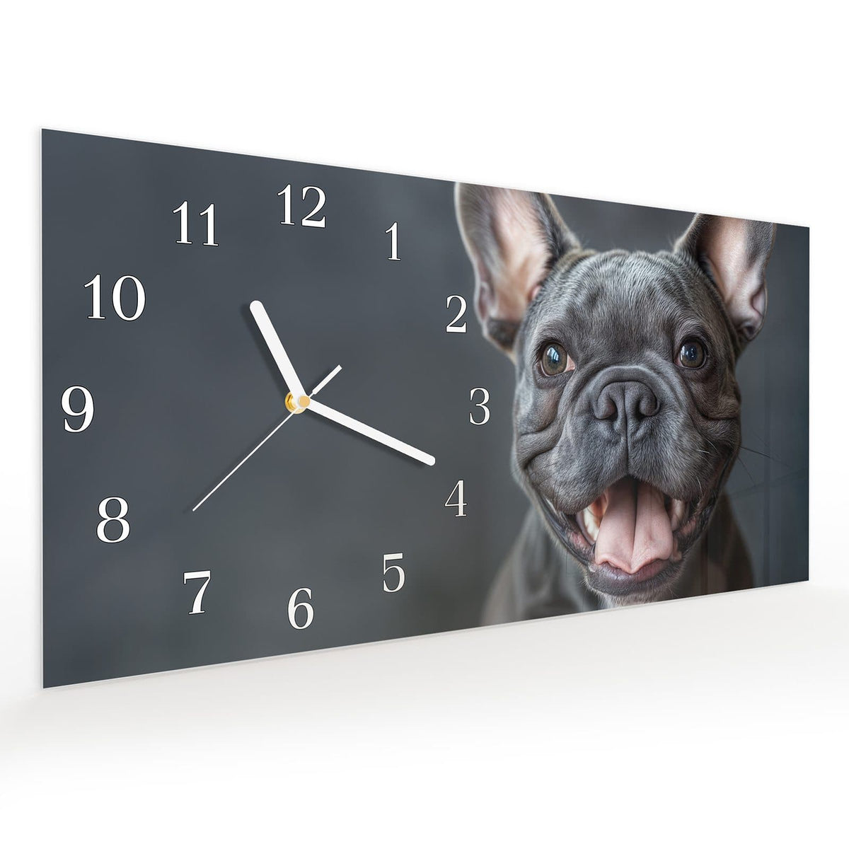 Vormontiert – mit Schwebeeffekt – Wanduhr Lachender Hund aus Glas – Querformat 60 × 30 cm