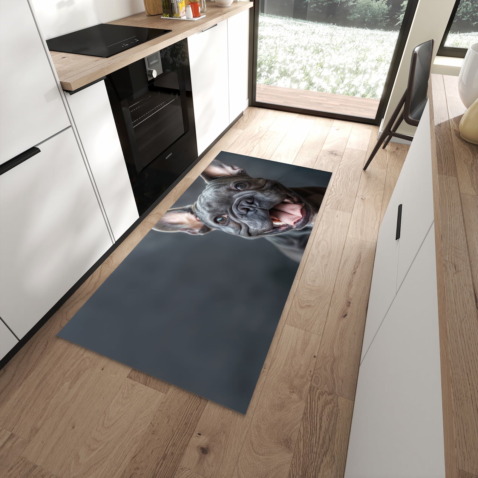 Schmutzabweisender Küchenteppich mit Motiv Lachender Hund in moderner Küche