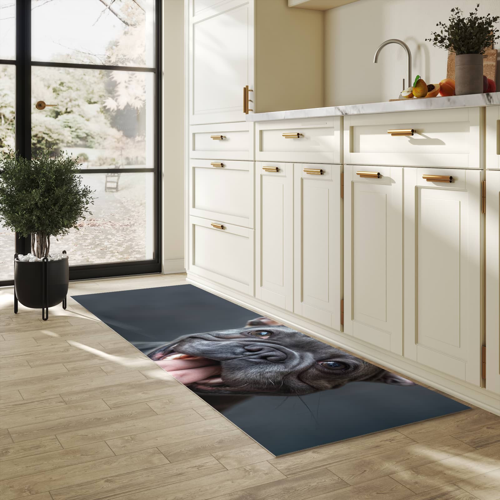 Komfortabler Teppich fürs Esszimmer mit Motiv Lachender Hund in heller Küche, waschbar