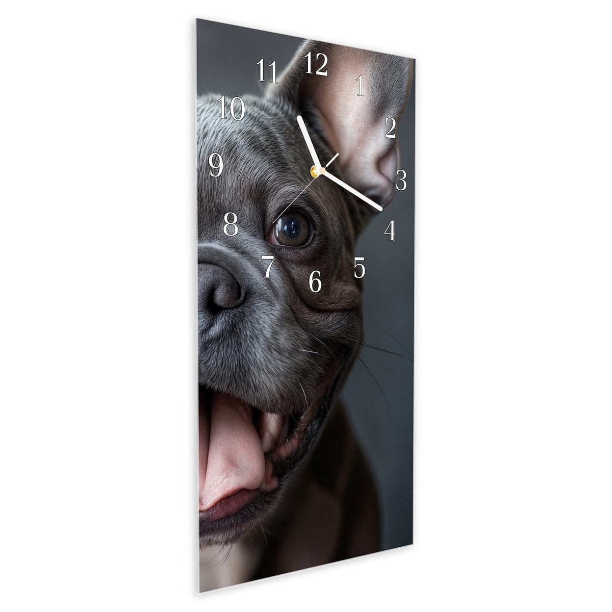 Vormontiert – mit Schwebeeffekt – Wanduhr Lachender Hund aus Glas – Hochformat 30 × 60 cm