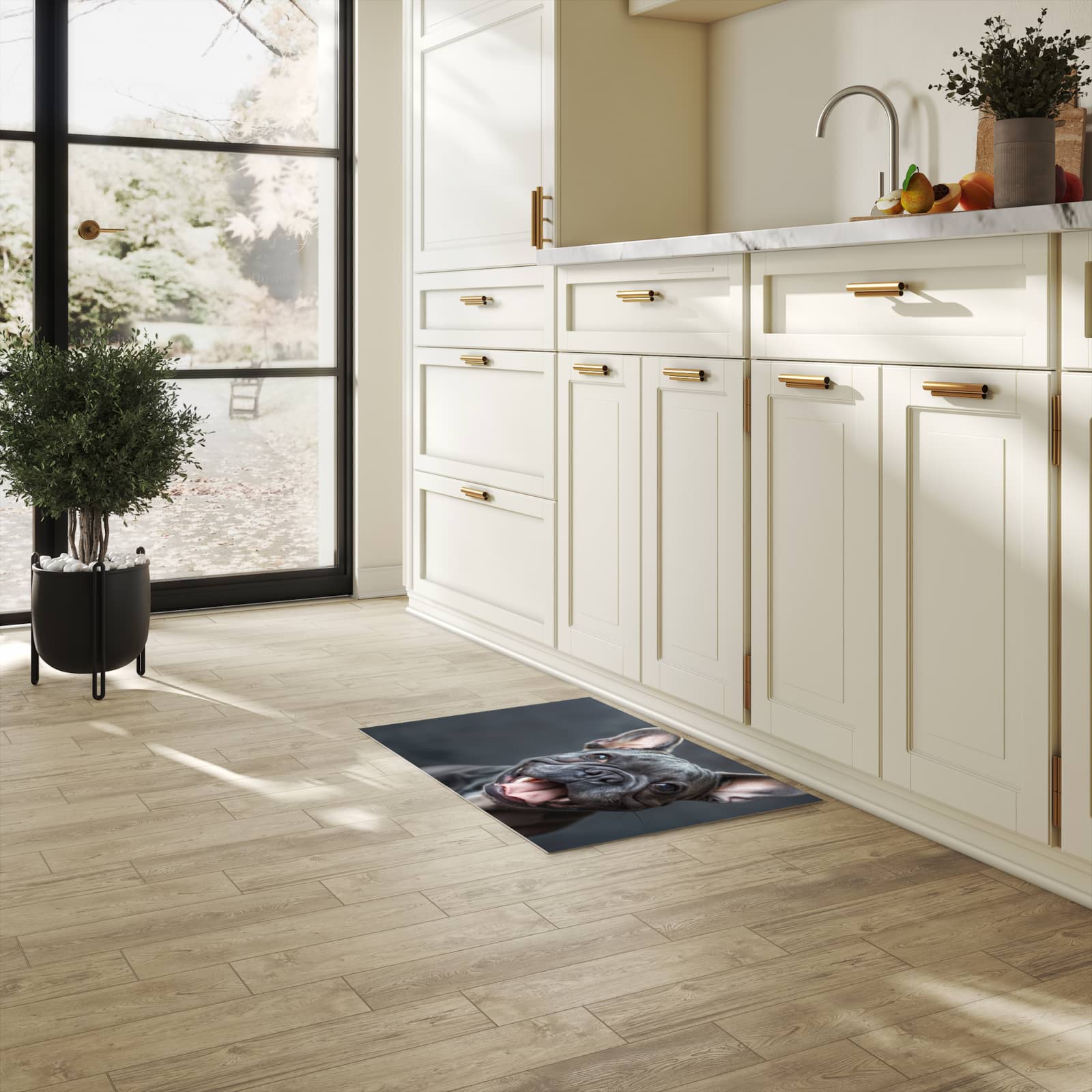 Flacher rutschfester Küchenteppich mit Motiv Lachender Hund in heller Küche