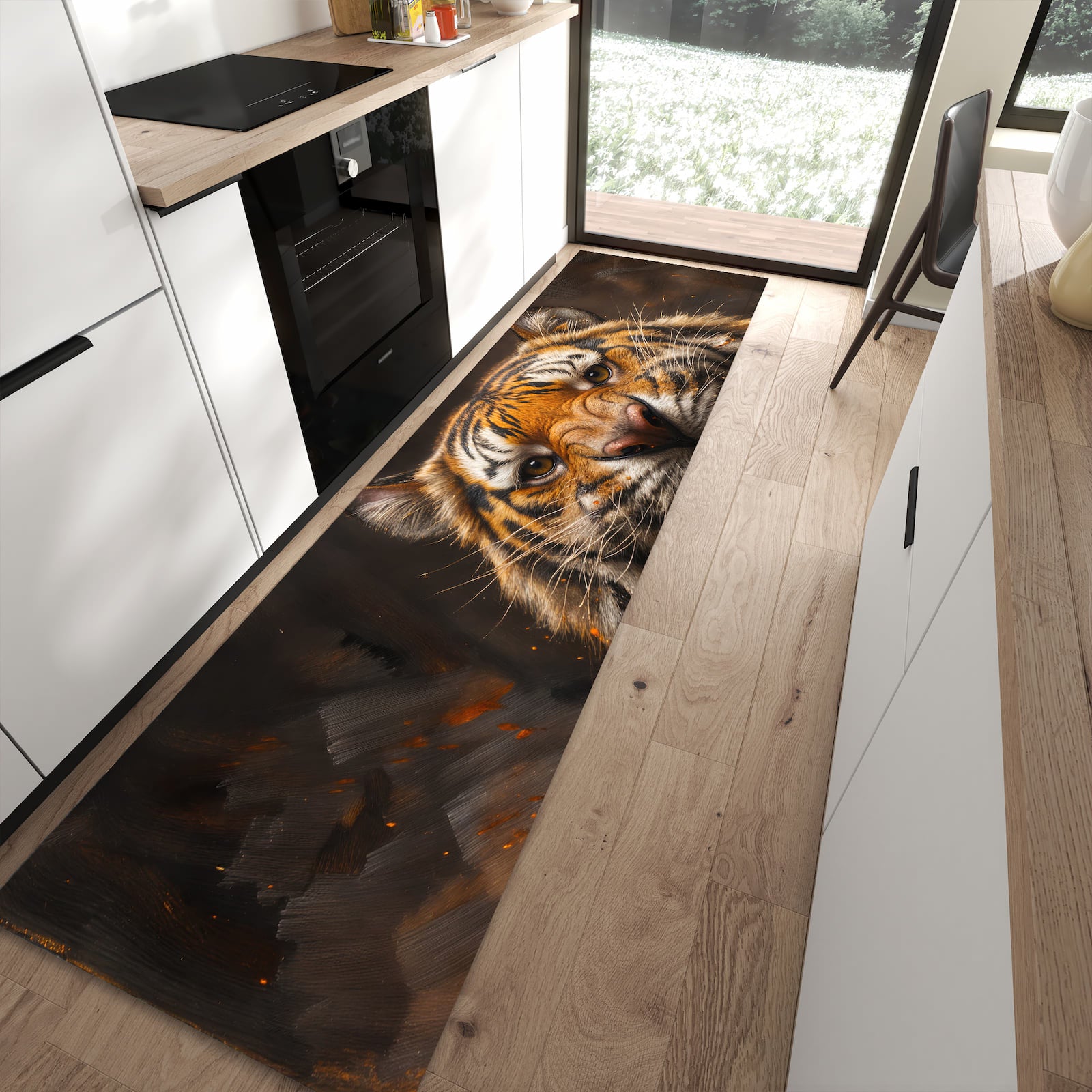 Rutschfester waschbarer Küchenteppich mit Motiv Tiger im Feuer in moderner Küche