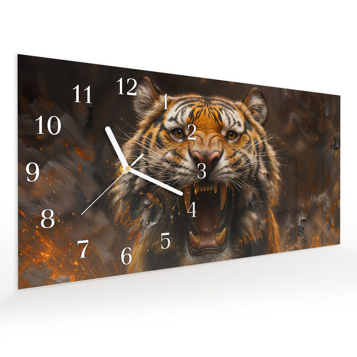 Vormontiert – mit Schwebeeffekt – Wanduhr Tiger im Feuer aus Glas – Querformat 60 × 30 cm