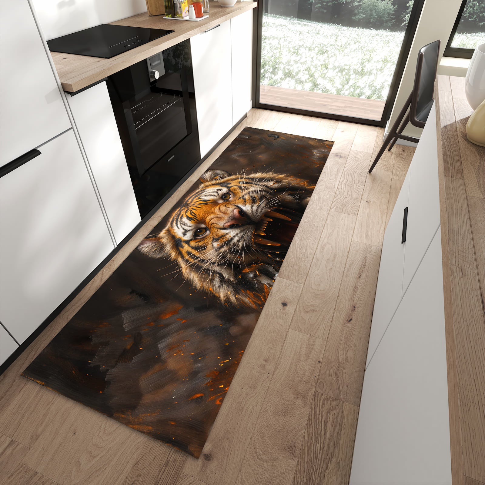 Pflegeleichter Küchenteppich mit Motiv Tiger im Feuer in moderner Küche