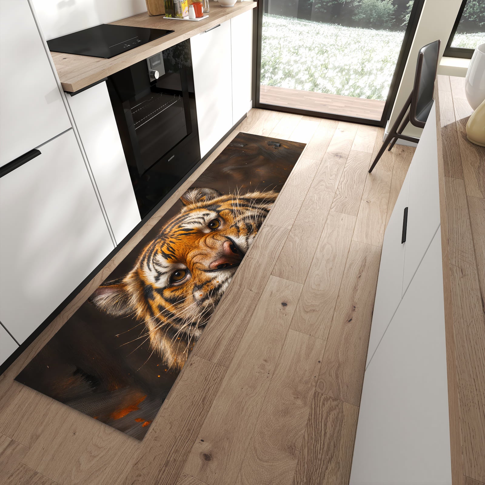Fleckenresistenter Bodenläufer mit Motiv Tiger im Feuer in moderner Küche