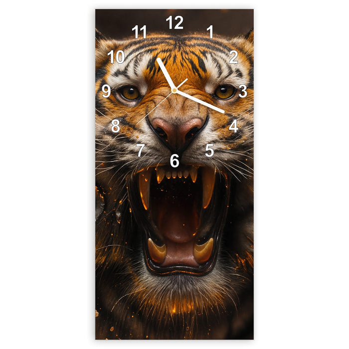 Wanduhr Tiger im Feuer aus Glas – Hochformat 30 × 60 cm mit Ziffernblatt Modern