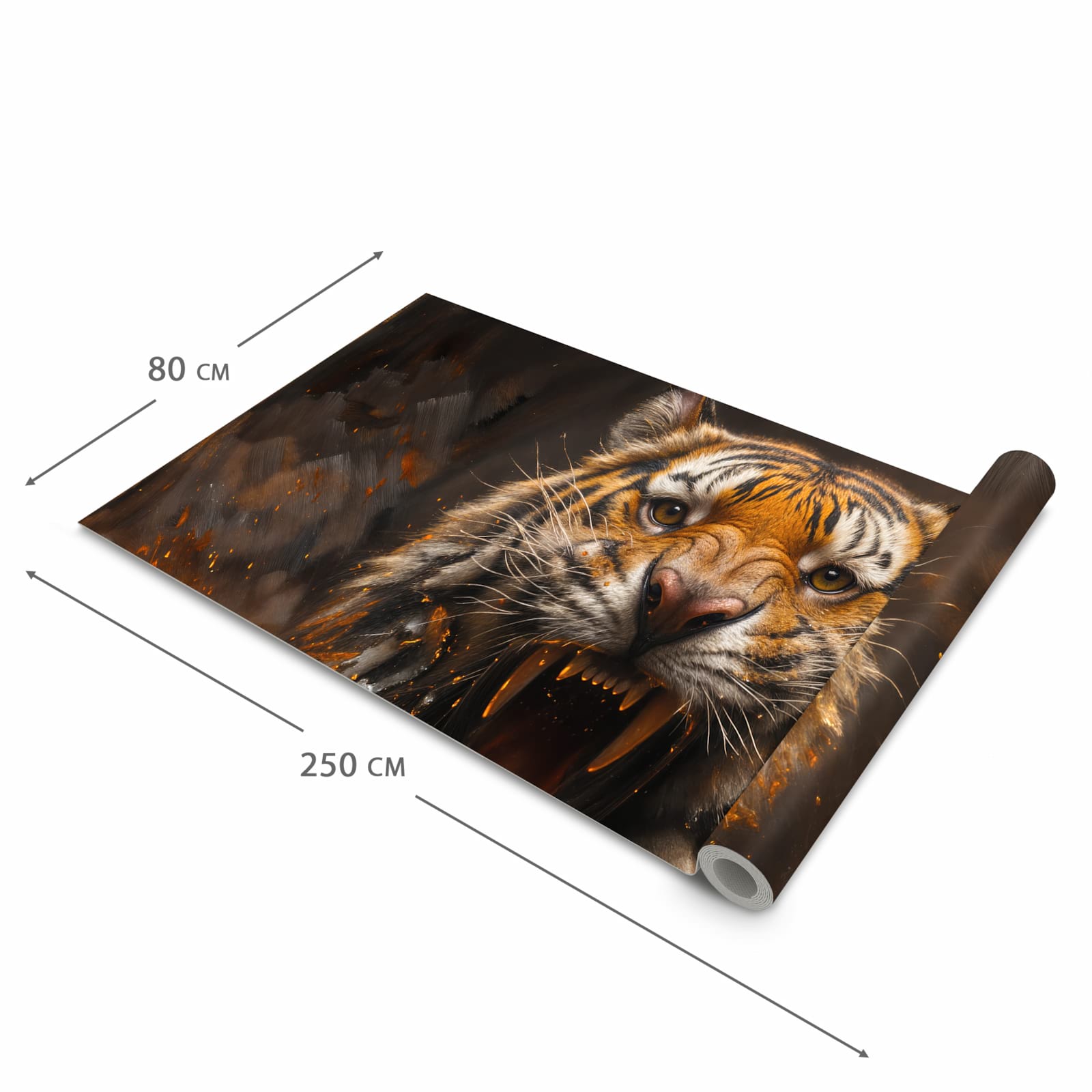 Bodenschonender Teppich fürs Esszimmer mit Motiv Tiger im Feuer in der Größe 60x240 cm