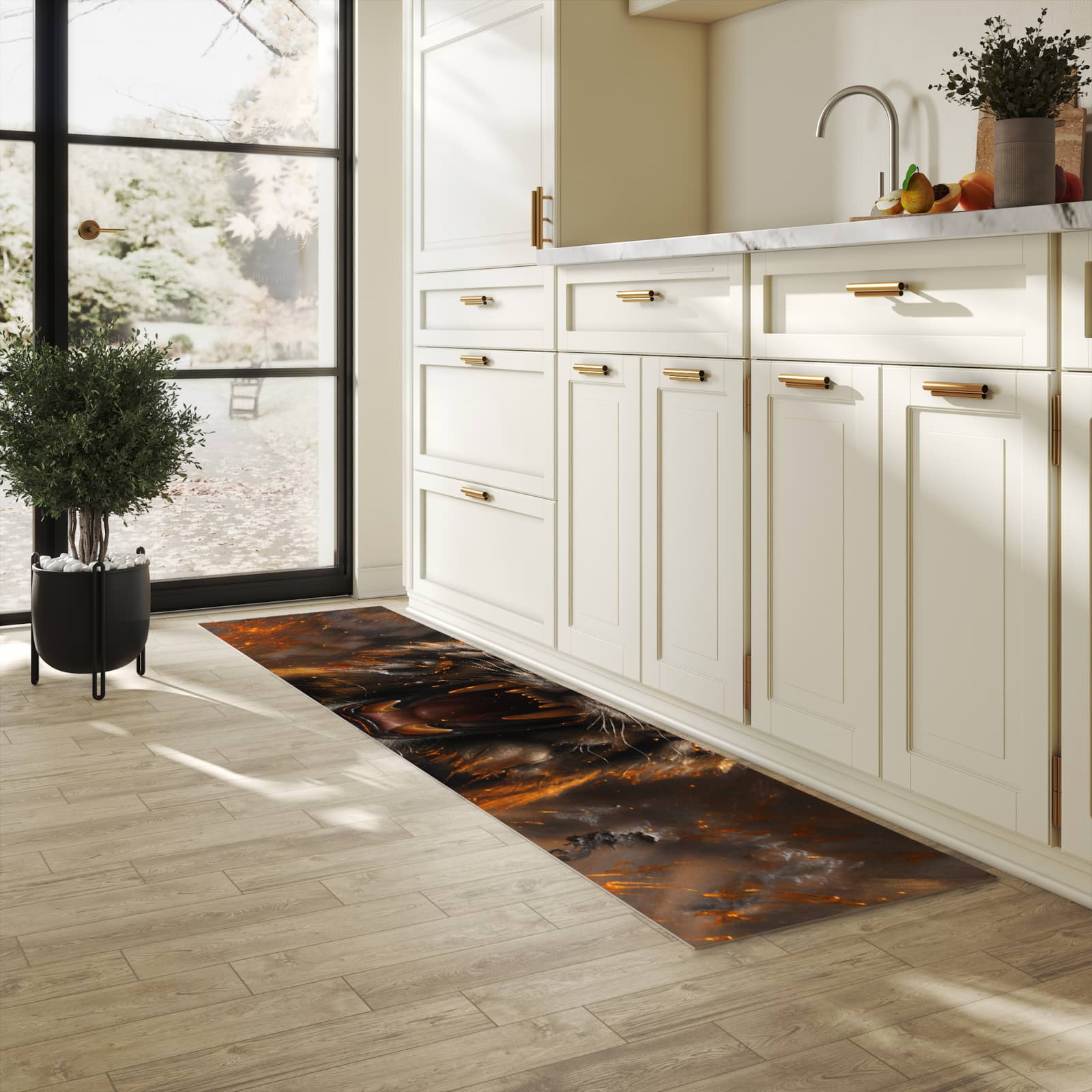 Waschbarer rutschfester Küchenteppich mit Motiv Tiger im Feuer in heller Küche