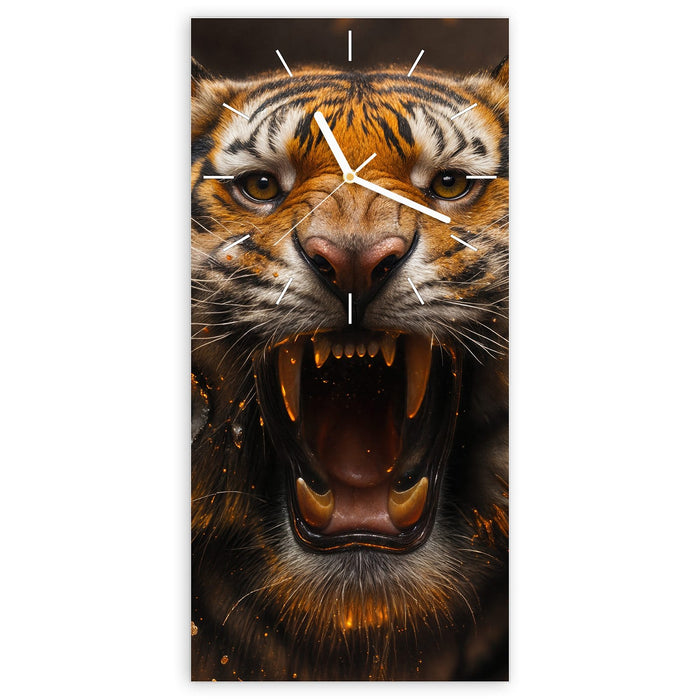 Wanduhr Tiger im Feuer aus Glas – Hochformat 30 × 60 cm mit Ziffernblatt Linie