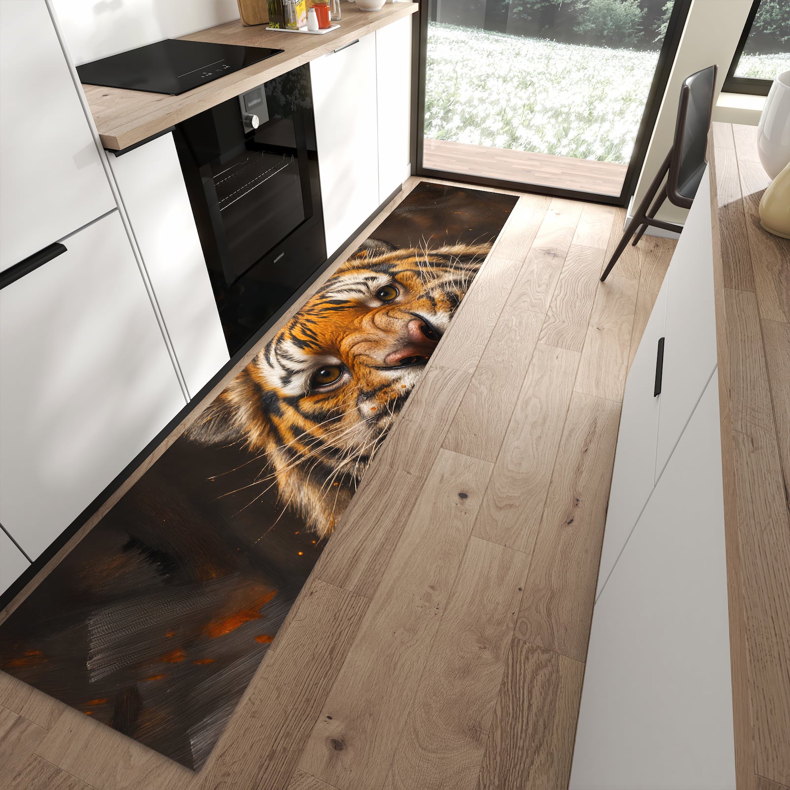 Geruchsneutraler waschbarer Küchenteppich mit Motiv Tiger im Feuer in moderner Küche